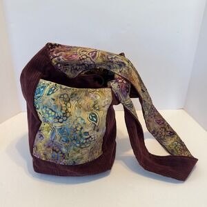 Handmade Reversible Hobo Bag Burgundy Corduroy Batik Floral Boho Shoulder Tote